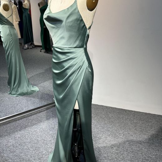 Picture of Bodycon Cowl Neck Small Train Shiny Satin Evening Gown Ruched Detailing