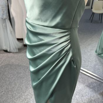 Picture of Bodycon Cowl Neck Small Train Shiny Satin Evening Gown Ruched Detailing