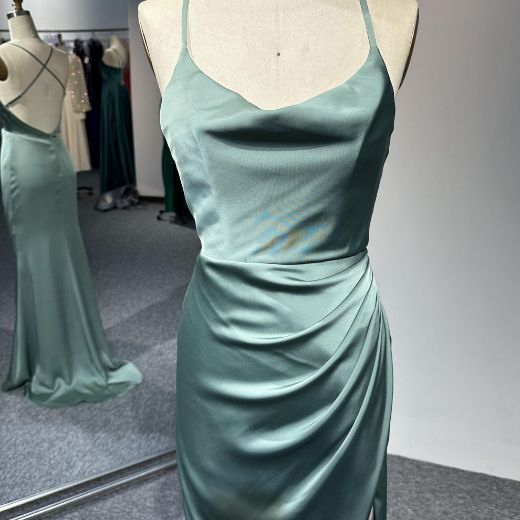 Picture of Bodycon Cowl Neck Small Train Shiny Satin Evening Gown Ruched Detailing