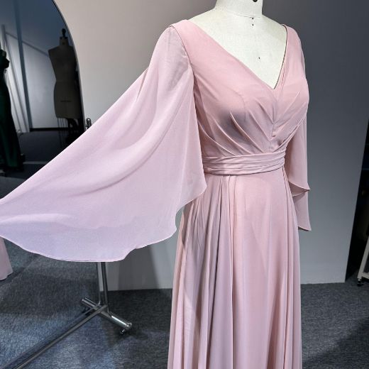 Picture of A-Line Lone Ruffled Sleeves Long Dress Chiffon Award Ceremony Plain