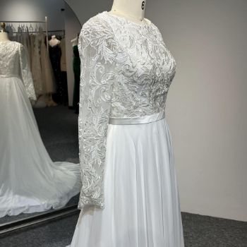 Picture of A-Line Full Back Long Sleeves Train Lace Wedding Pleating