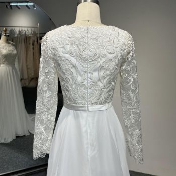 Picture of A-Line Full Back Long Sleeves Train Lace Wedding Pleating