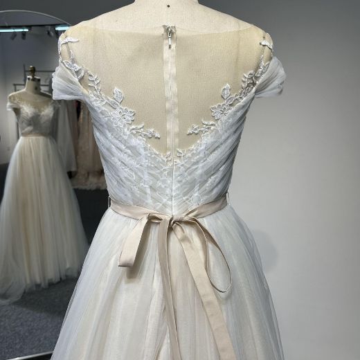 Picture of A-Line Cap Sleeves Train Lace Wedding Gathered