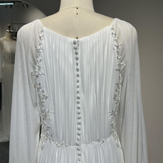 Picture of A-Line Long Sleeves Train Chiffon Wedding Pleated