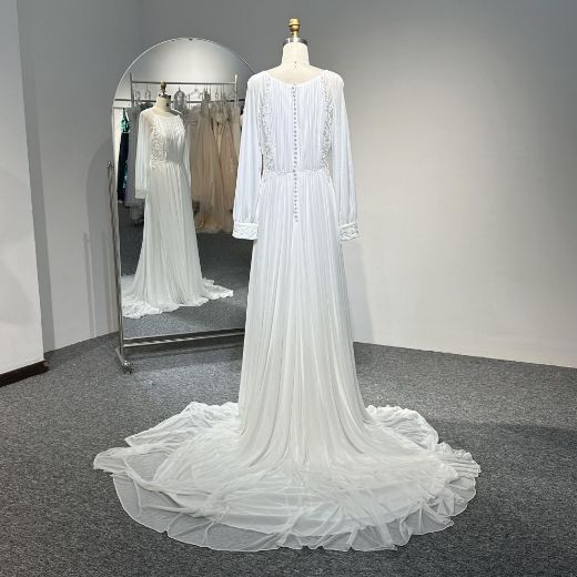 Picture of A-Line Long Sleeves Train Chiffon Wedding Pleated