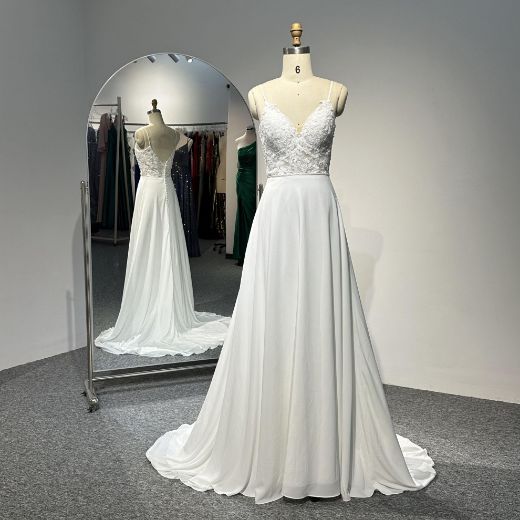 Picture of A-Line Deep V-Neck Small Train Chiffon Wedding Computer Embroidery