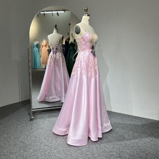 Picture of A-Line Floor-Length Butterfly Design with Sequins Satin Fabric Prom Gown