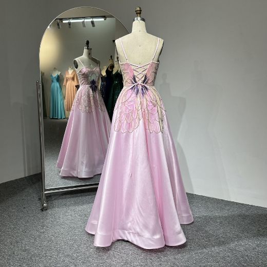 Picture of A-Line Floor-Length Butterfly Design with Sequins Satin Fabric Prom Gown