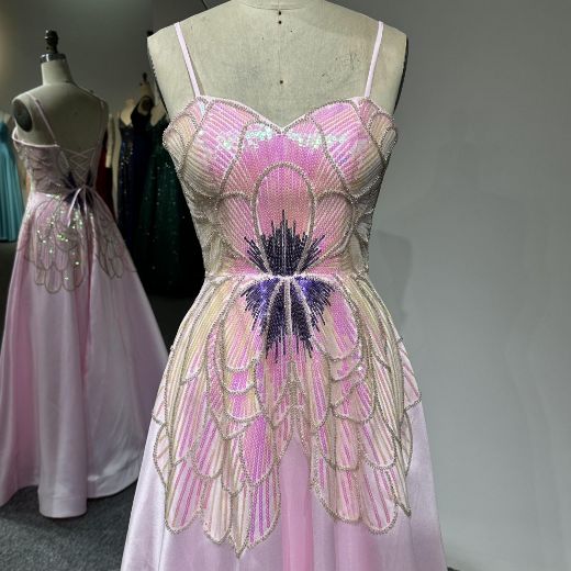 Picture of A-Line Floor-Length Butterfly Design with Sequins Satin Fabric Prom Gown