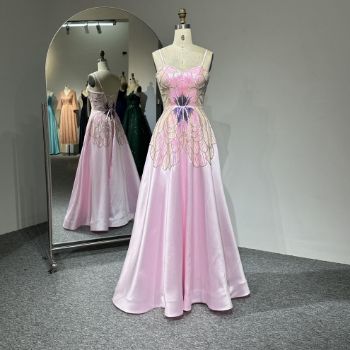 Picture of A-Line Floor-Length Butterfly Design with Sequins Satin Fabric Prom Gown