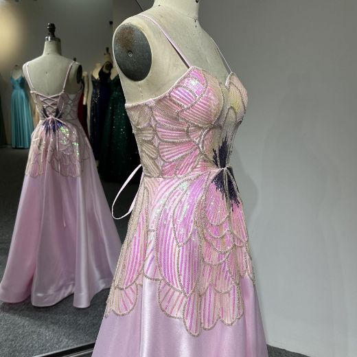 Picture of A-Line Floor-Length Butterfly Design with Sequins Satin Fabric Prom Gown