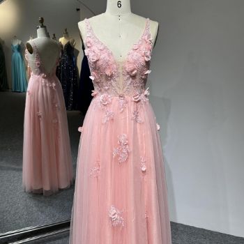 Picture of A-Line V-Back V-Neck Floral Embroidery Tulle Fabric Wedding Bridesmaid Dress