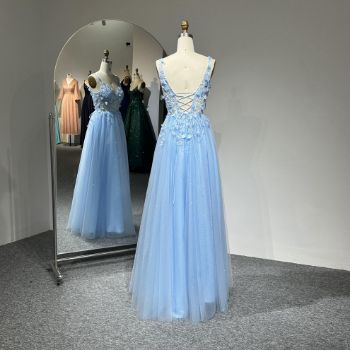 Picture of A-Line Floor-Length Crisscross Back Embroidery Tulle Fabric Bridesmaid Dress