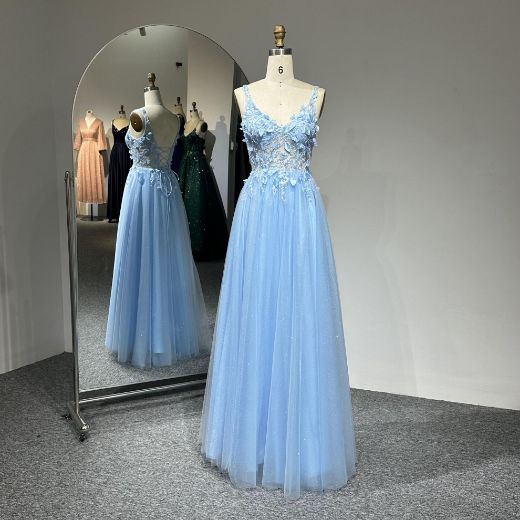 Picture of A-Line Floor-Length Crisscross Back Embroidery Tulle Fabric Bridesmaid Dress