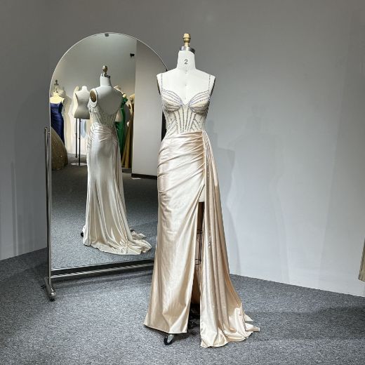 Picture of Mermaid Train Sweetheart Neckline Bone Floral Embroidery Backless Gathered Satin Formal Dress