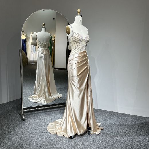 Picture of Mermaid Train Sweetheart Neckline Bone Floral Embroidery Backless Gathered Satin Formal Dress