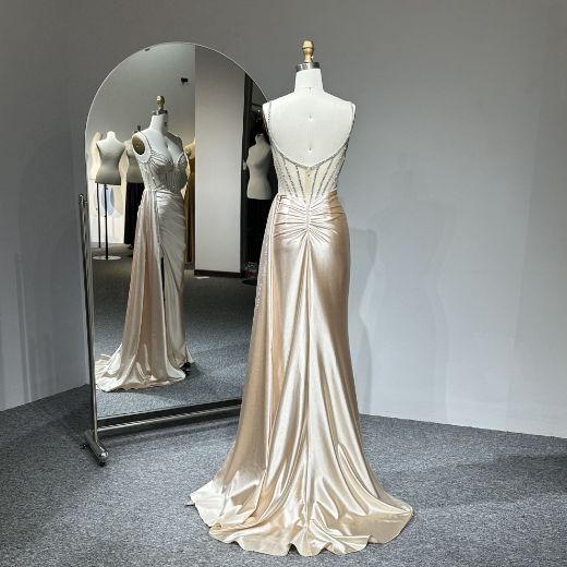 Picture of Mermaid Train Sweetheart Neckline Bone Floral Embroidery Backless Gathered Satin Formal Dress