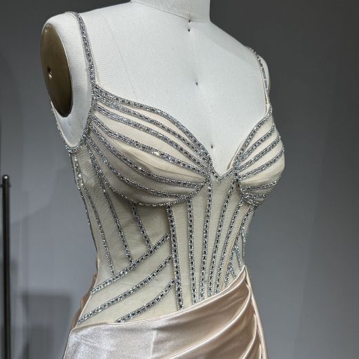 Picture of Mermaid Train Sweetheart Neckline Bone Floral Embroidery Backless Gathered Satin Formal Dress
