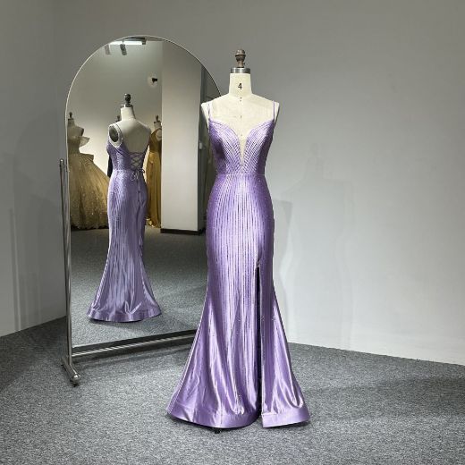 Picture of Mermaid Train Deep V-Neck Rhinestone Stretch Knitted Satin Formal Prom Dress