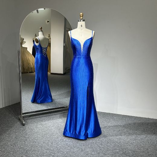 Picture of Mermaid Train Deep V-Neck Rhinestone Stretch Knitted Satin Formal Prom Dress
