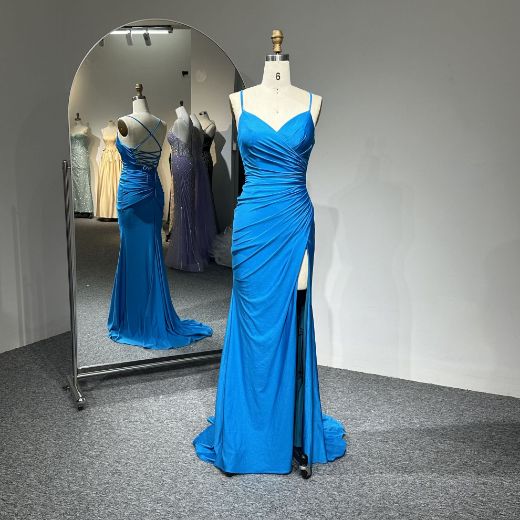 Picture of Mermaid Style Spaghetti Straps  Wrap Neck High Slit Stretch Satin Evening Dress