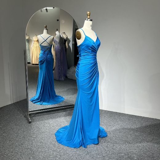 Picture of Mermaid Style Spaghetti Straps  Wrap Neck High Slit Stretch Satin Evening Dress