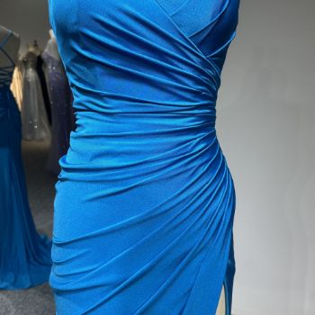 Picture of Mermaid Style Spaghetti Straps  Wrap Neck High Slit Stretch Satin Evening Dress