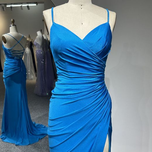 Picture of Mermaid Style Spaghetti Straps  Wrap Neck High Slit Stretch Satin Evening Dress