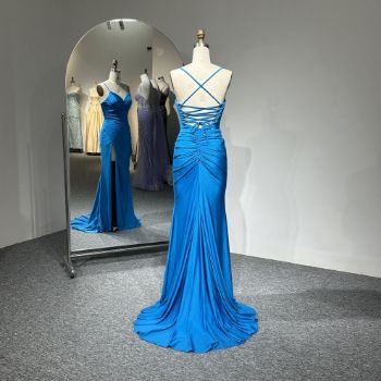 Picture of Mermaid Style Spaghetti Straps  Wrap Neck High Slit Stretch Satin Evening Dress