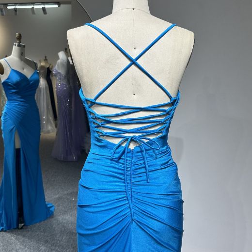 Picture of Mermaid Style Spaghetti Straps  Wrap Neck High Slit Stretch Satin Evening Dress