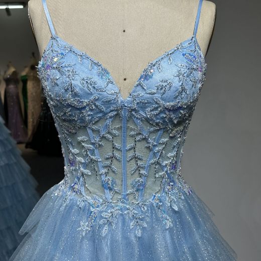 Picture of A-Line Sweetheart Neck Spaghetti Straps Floral Embroidery Mesh Fabric Layer Bridesmaid Dress