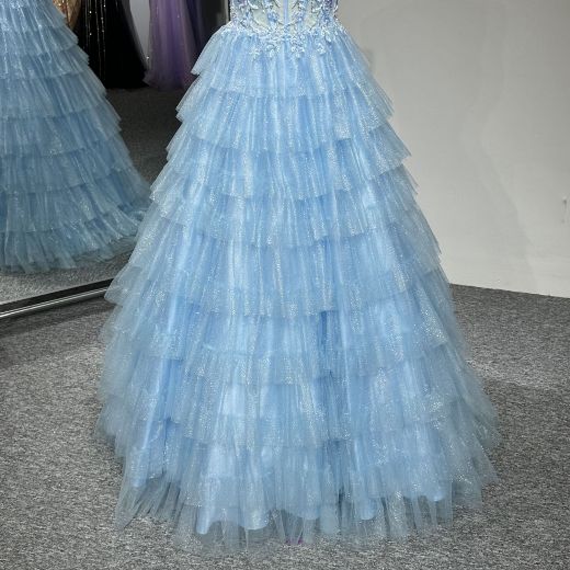 Picture of A-Line Sweetheart Neck Spaghetti Straps Floral Embroidery Mesh Fabric Layer Bridesmaid Dress