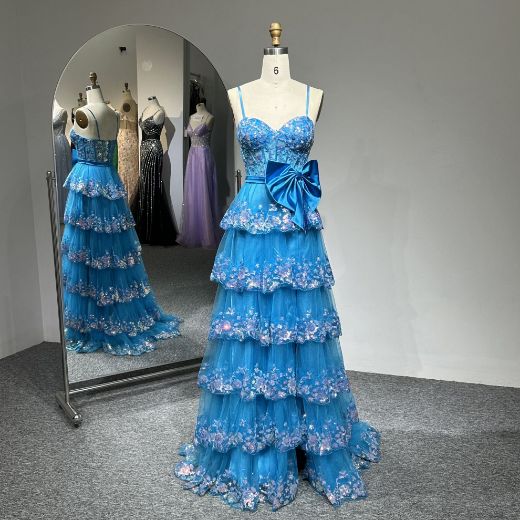 Picture of A Line Sweetheart Neck Bone Bowknot Sequin Mesh Fabric Layer Skirt