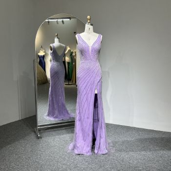 Picture of Straight Style Wide Straps V Neck High Leg Slit Rhinestone Band Mesh Fabric Formal Dress