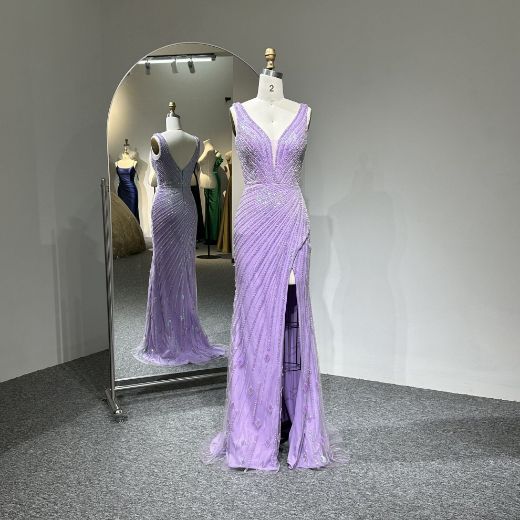 Picture of Straight Style Wide Straps V Neck High Leg Slit Rhinestone Band Mesh Fabric Formal Dress