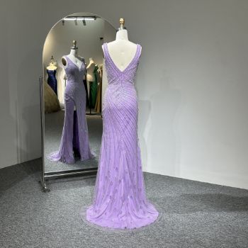 Picture of Straight Style Wide Straps V Neck High Leg Slit Rhinestone Band Mesh Fabric Formal Dress