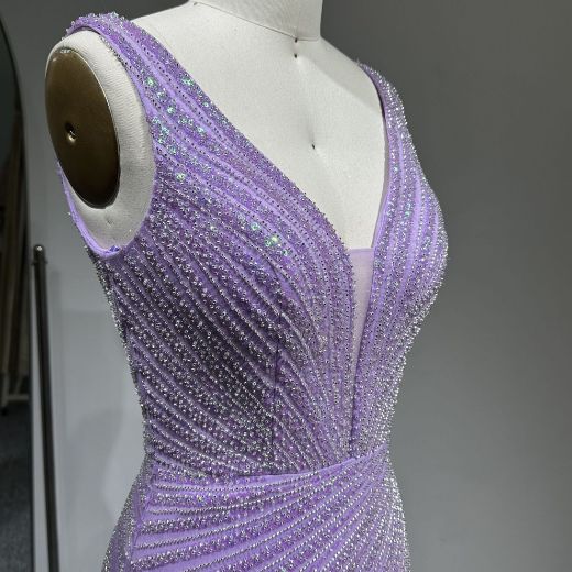 Picture of Straight Style Wide Straps V Neck High Leg Slit Rhinestone Band Mesh Fabric Formal Dress