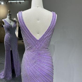Picture of Straight Style Wide Straps V Neck High Leg Slit Rhinestone Band Mesh Fabric Formal Dress