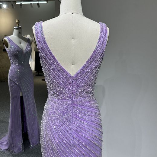Picture of Straight Style Wide Straps V Neck High Leg Slit Rhinestone Band Mesh Fabric Formal Dress
