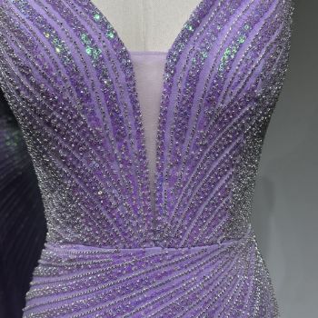 Picture of Straight Style Wide Straps V Neck High Leg Slit Rhinestone Band Mesh Fabric Formal Dress