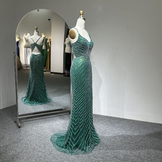 Picture of Mermaid Spaghetti Straps V Neck Cut-Out Back Tulle Fabric Formal Dress