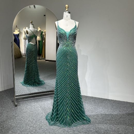Picture of Mermaid Spaghetti Straps V Neck Cut-Out Back Tulle Fabric Formal Dress
