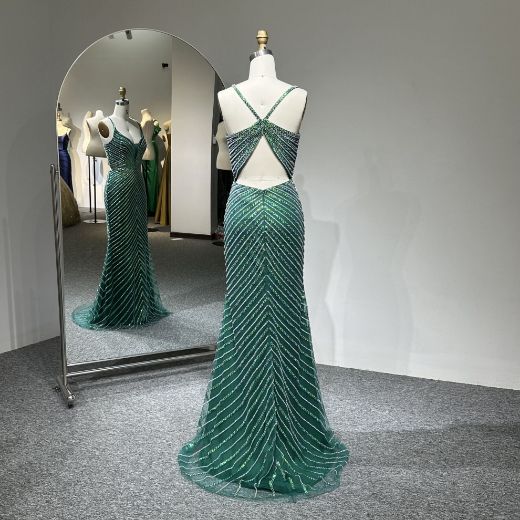 Picture of Mermaid Spaghetti Straps V Neck Cut-Out Back Tulle Fabric Formal Dress