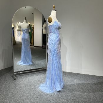 Picture of Mermaid Train Spaghetti Straps V Neck Crisscross Back High Slit Sequins Tulle Fabric Evening Dress