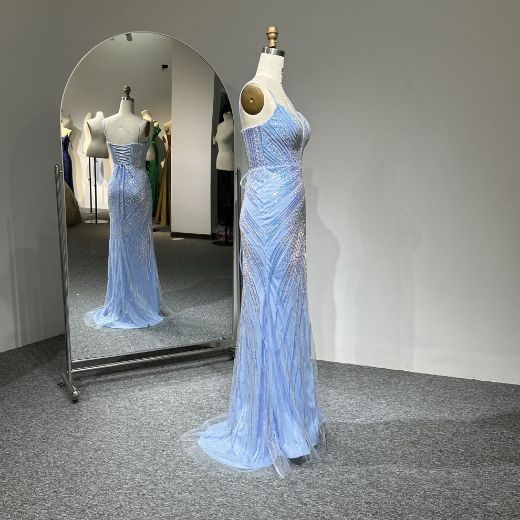 Picture of Mermaid Train Spaghetti Straps V Neck Crisscross Back High Slit Sequins Tulle Fabric Evening Dress