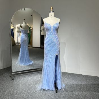 A beautifully elegant light blue spaghetti-strap gown.