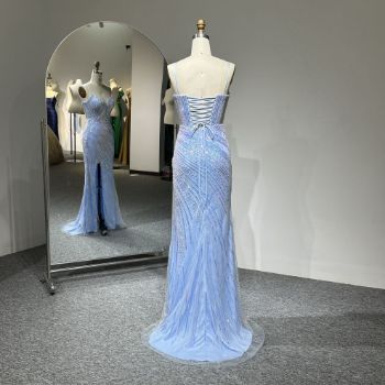 Picture of Mermaid Train Spaghetti Straps V Neck Crisscross Back High Slit Sequins Tulle Fabric Evening Dress