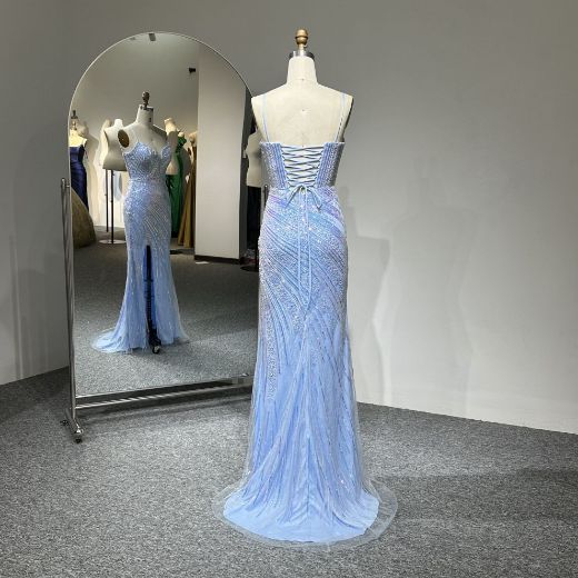 Picture of Mermaid Train Spaghetti Straps V Neck Crisscross Back High Slit Sequins Tulle Fabric Evening Dress