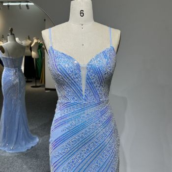 Picture of Mermaid Train Spaghetti Straps V Neck Crisscross Back High Slit Sequins Tulle Fabric Evening Dress