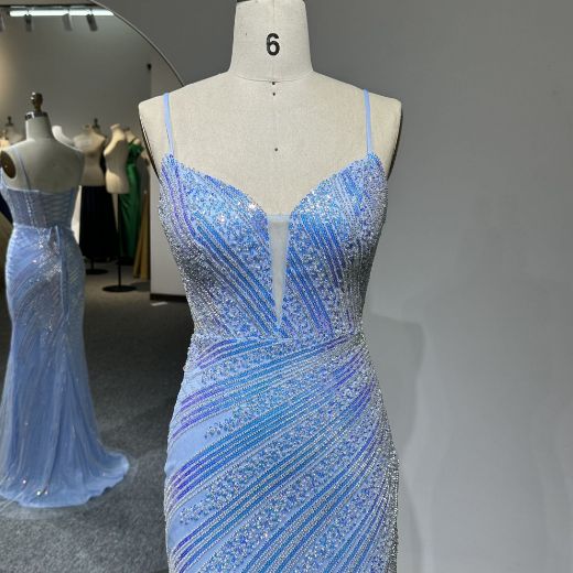 Picture of Mermaid Train Spaghetti Straps V Neck Crisscross Back High Slit Sequins Tulle Fabric Evening Dress